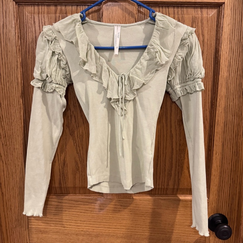 Anthropologie Sage Green Ruffle Ribbed Tie Front Top XXS Cottagecore
